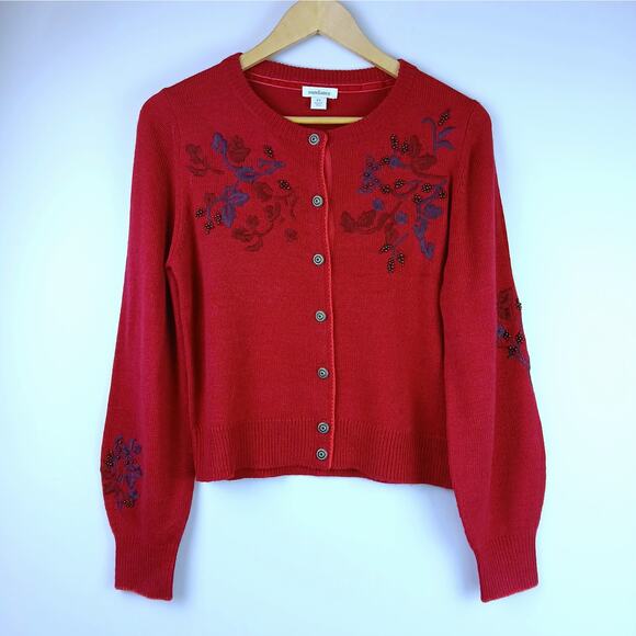 Sundance SZ PS Red Embroidered & Beaded Betty Cardigan Sweater Wool Blend - Picture 2 of 6
